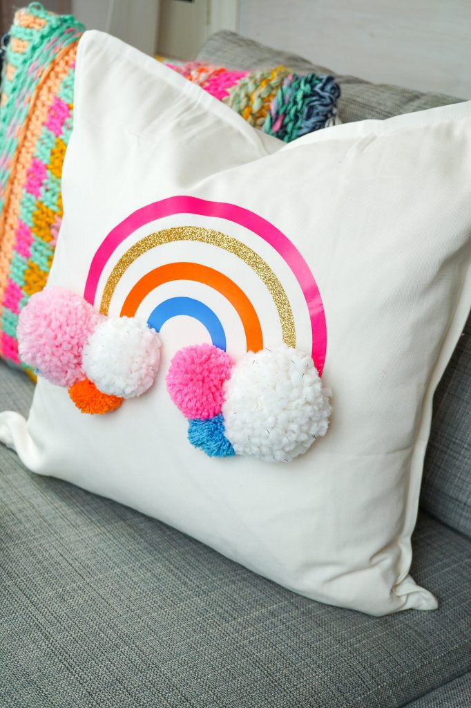 DIY Rainbow Pom Pom Pillow with Cricut Iron on Vinyl
